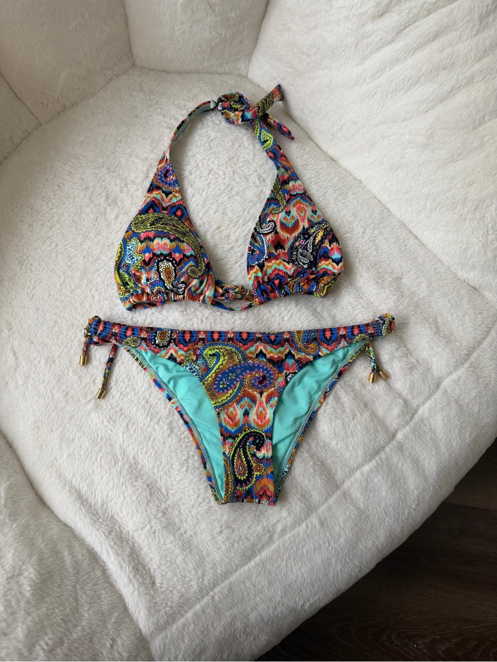 Printed Paisley Halter Bikini Set - Multicolor